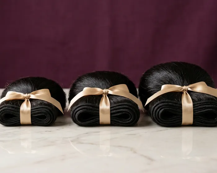 Three raw hair bundles in graduated lengths