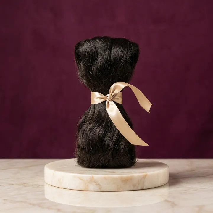 A single raw hair bundle tied with a champagne gold ribbon
