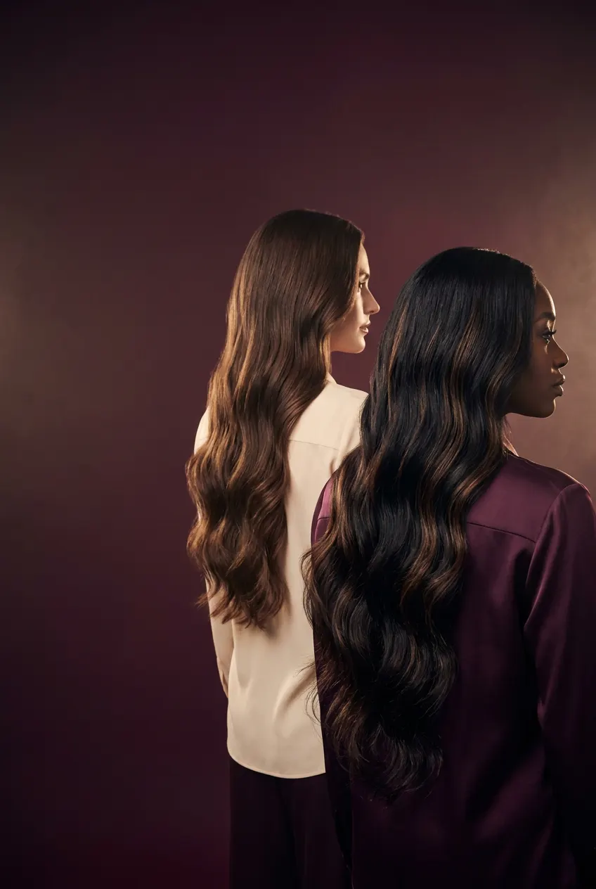 Two models with waist-length body wave hair in a plum studio