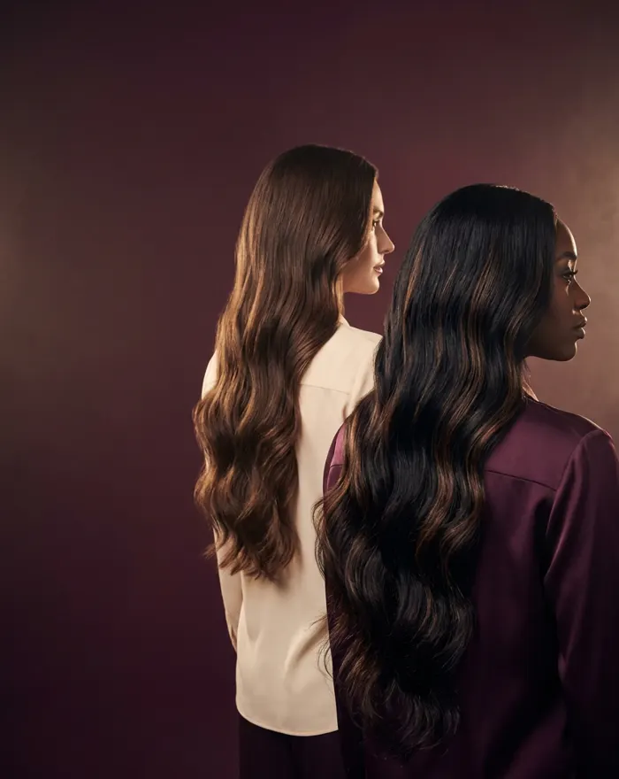 Two models with waist-length body wave hair in a plum studio