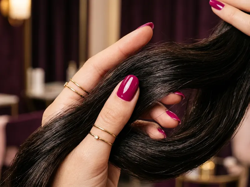 Fingers running through glossy cuticle-aligned hair