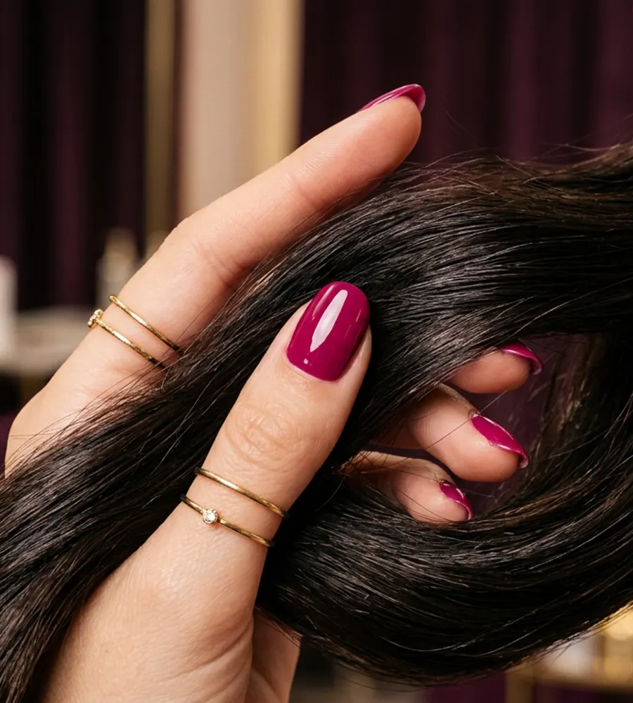 Fingers running through glossy cuticle-aligned hair