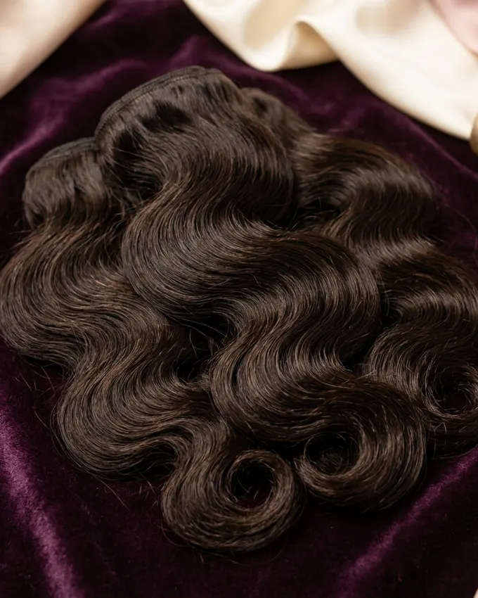 Close detail of a body wave raw hair bundle