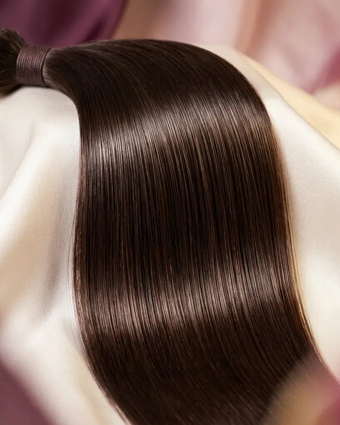 Close detail of a bone-straight raw hair bundle